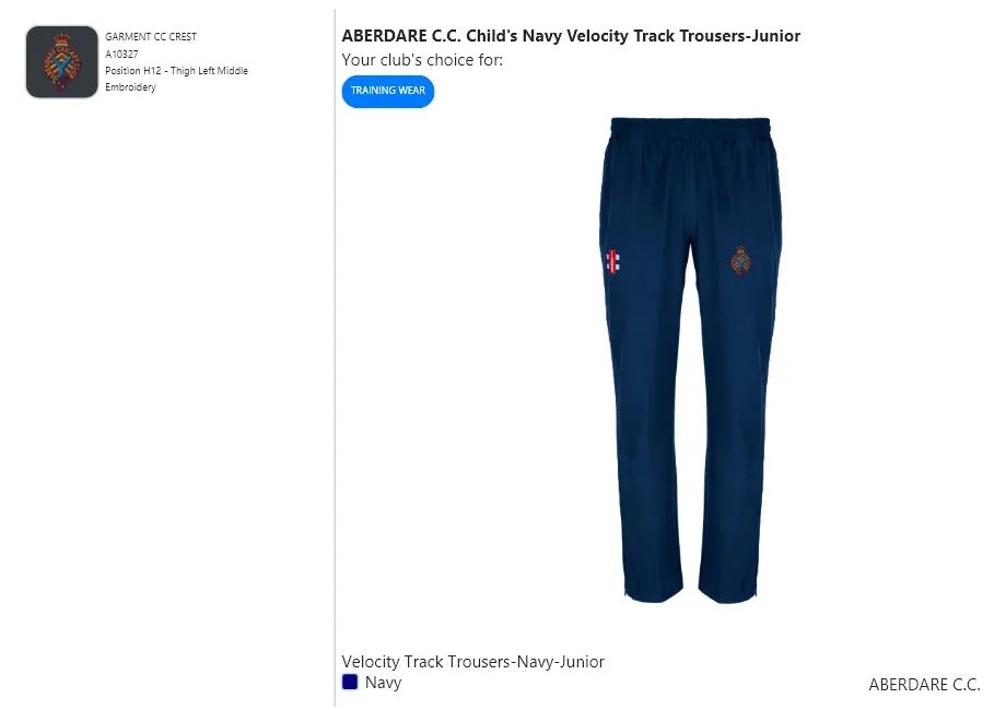 ABERDARE C.C. Child's Navy Velocity Track Trousers-Junior