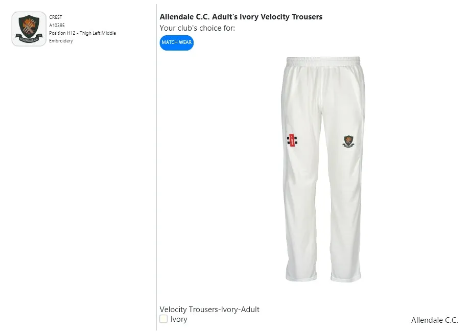 Allendale C.C. Adult's Ivory Velocity Trousers