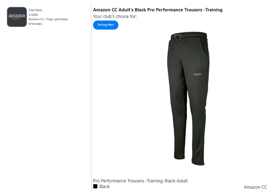 Amazon CC Adult's Black Pro Performance Trousers -Training