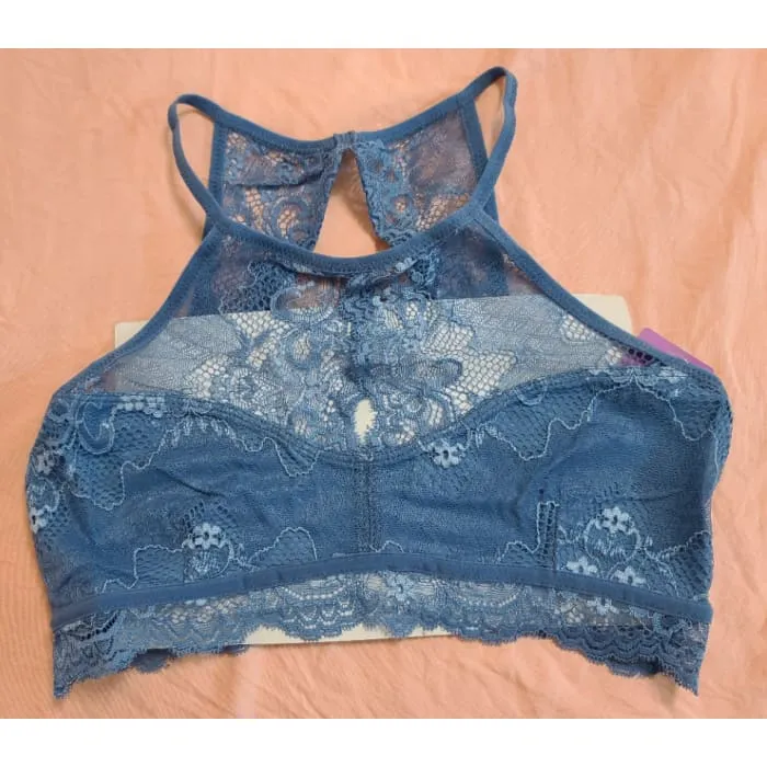 Blue High Neck Lace Bra