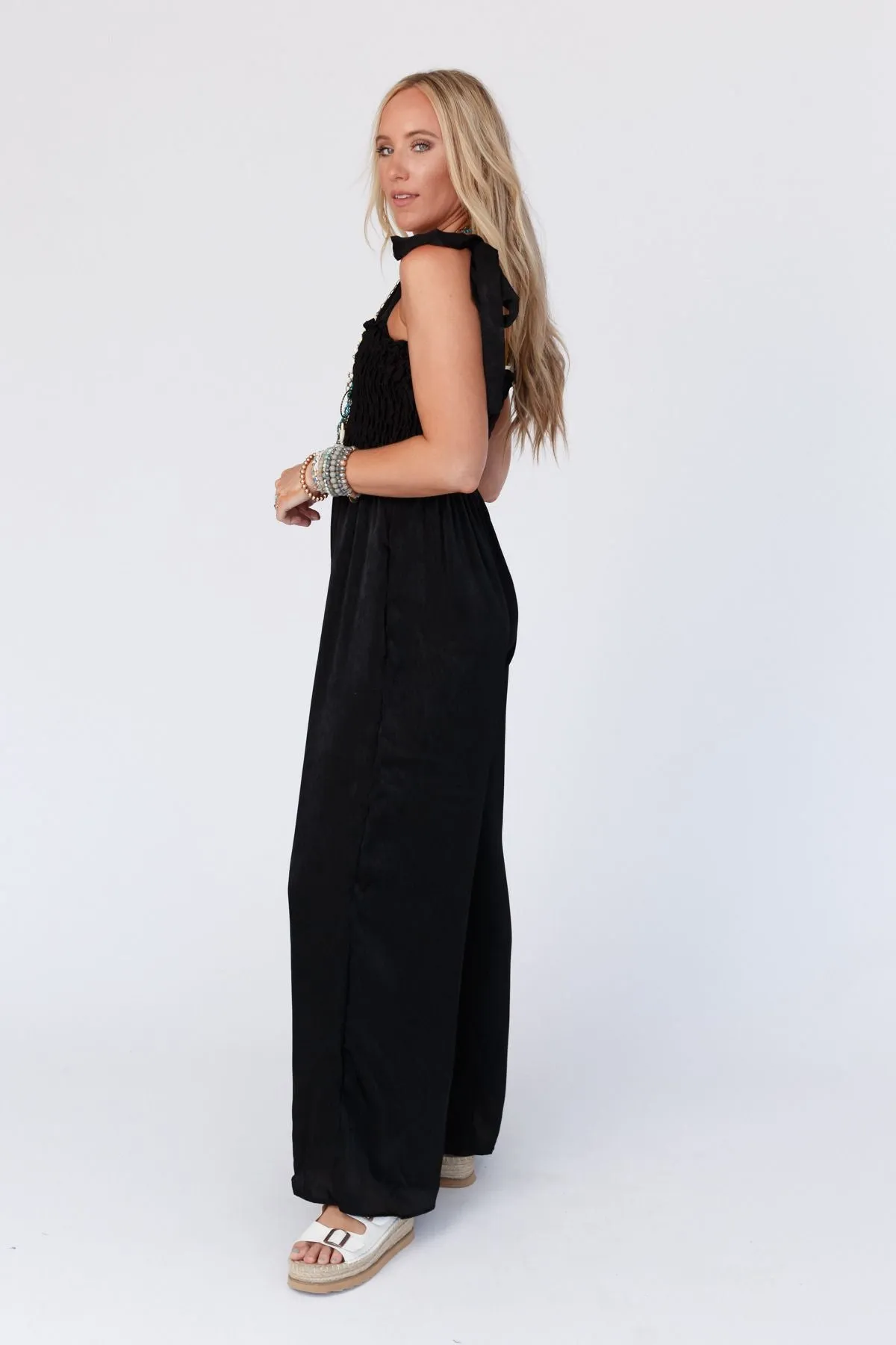 Cabo Smocked Satin Jumpsuit - Black