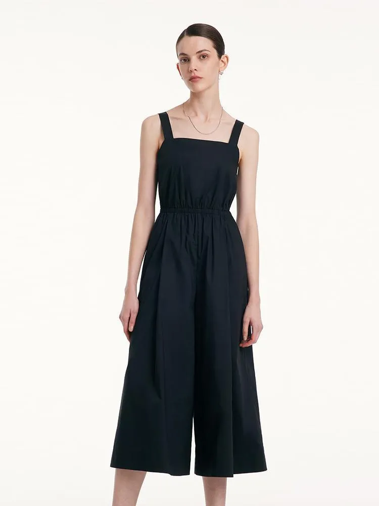 Cotton Strap Gathered Waist Jumpsuit With Detachable Bra Pads