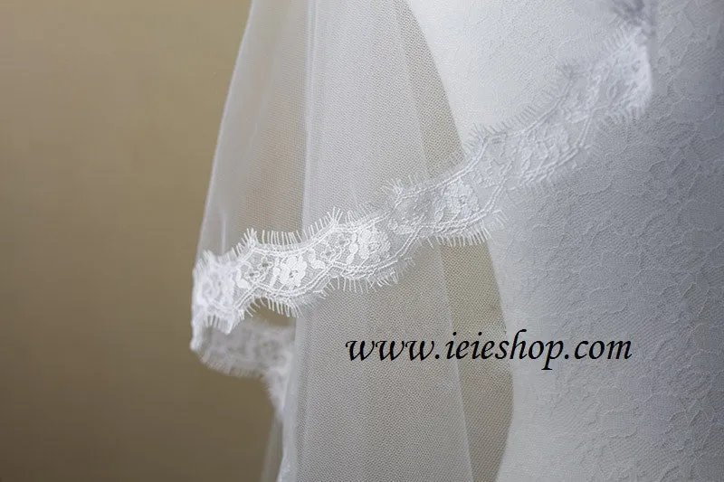 Eye Lash Lace Trim Edge Cathedral Length Wedding Veil VG1005