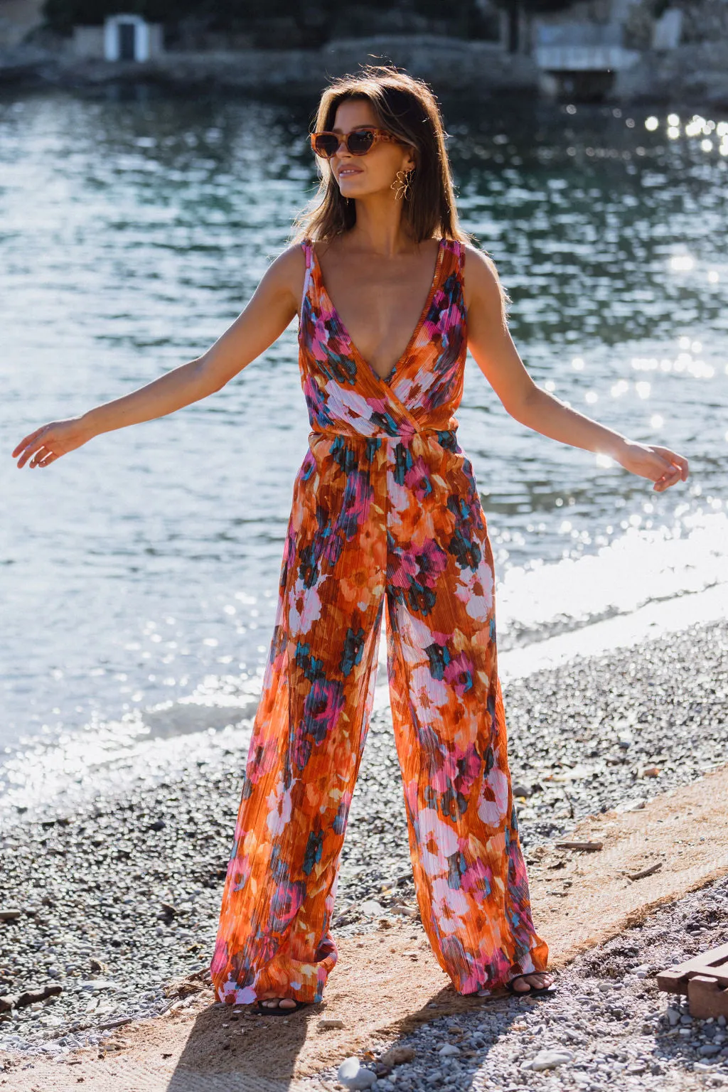 Fleur Orange Floral Plisse Jumpsuit