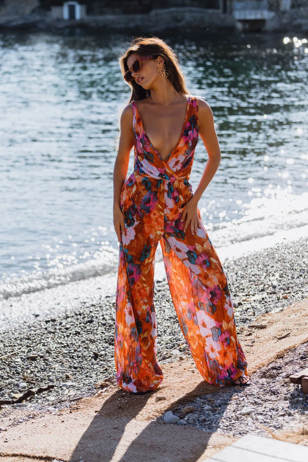 Fleur Orange Floral Plisse Jumpsuit