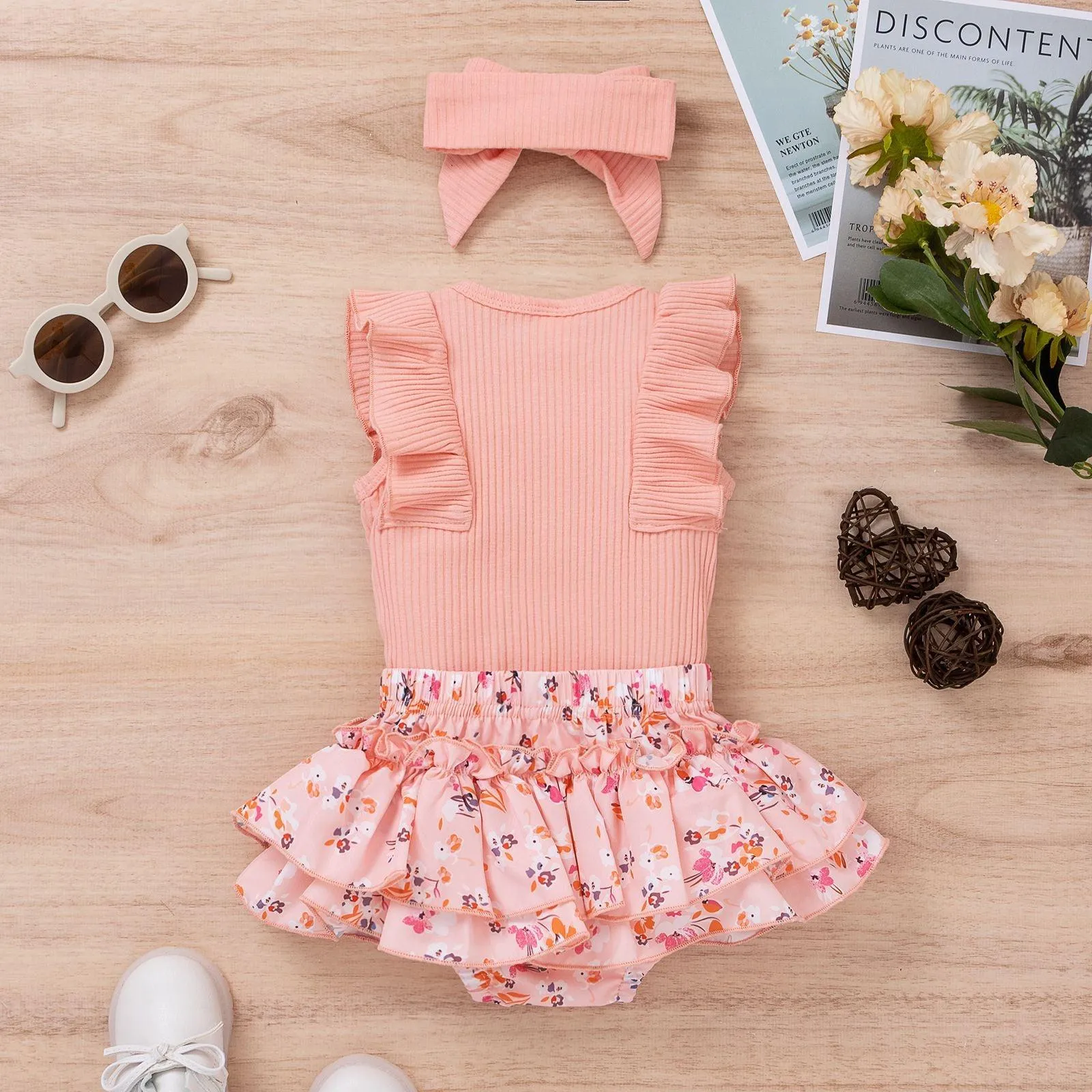 Girls' Pit Lace Fly Sleeve Floral Skirt Four-color Jumpsuit Three-piece Suit