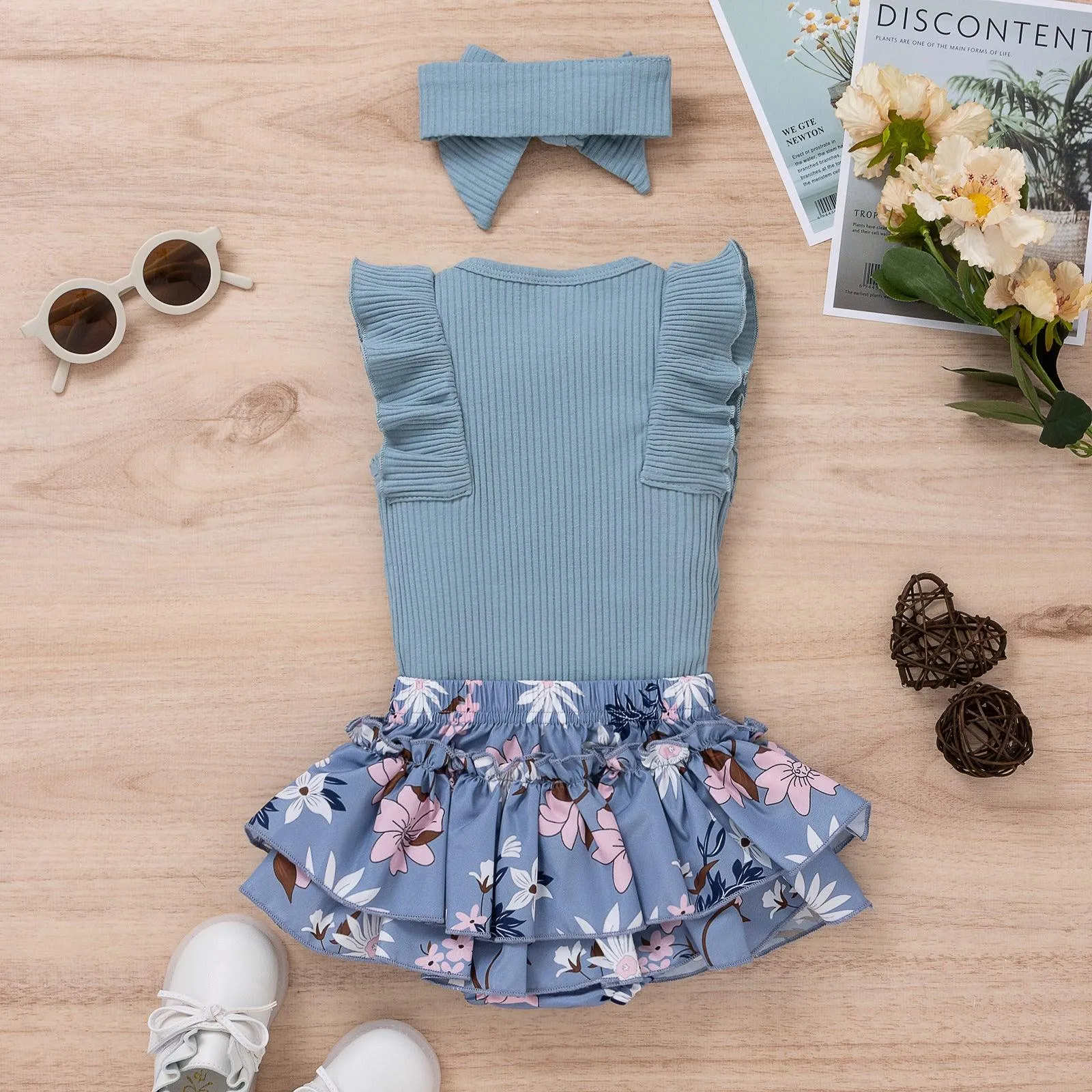 Girls' Pit Lace Fly Sleeve Floral Skirt Four-color Jumpsuit Three-piece Suit