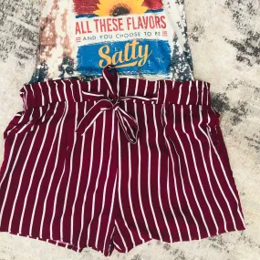 High Waisted Wine Stripe Shorts (Plus)