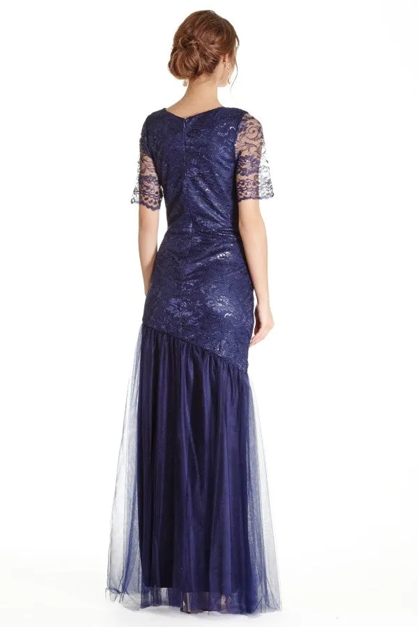 Lace mermaid dress with sheer lace half length sleeves, v-neckline, asymmetric hemline, full length skirt.