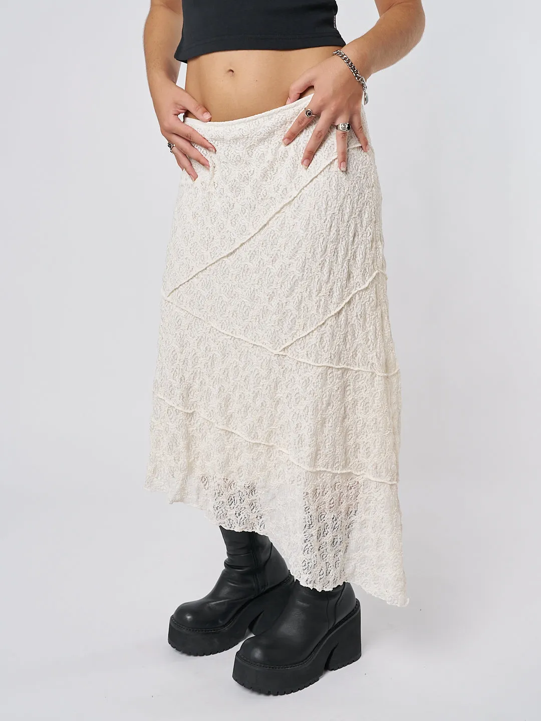 Nolia Cream Lace Asymmetric Midi Skirt