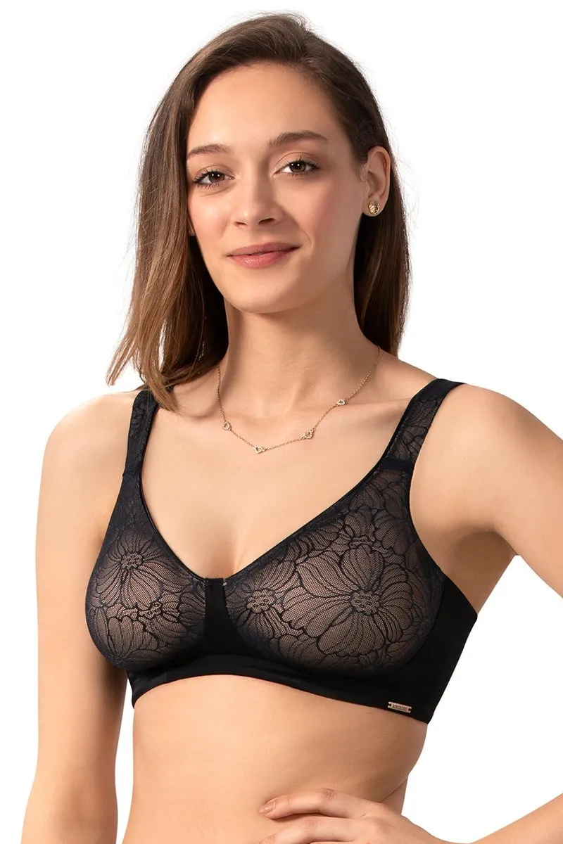 Non-Padded Non-Wired Lace Minimiser Bra - Black