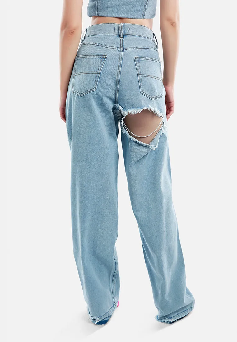 Ripped Wide Leg Denim Trousers