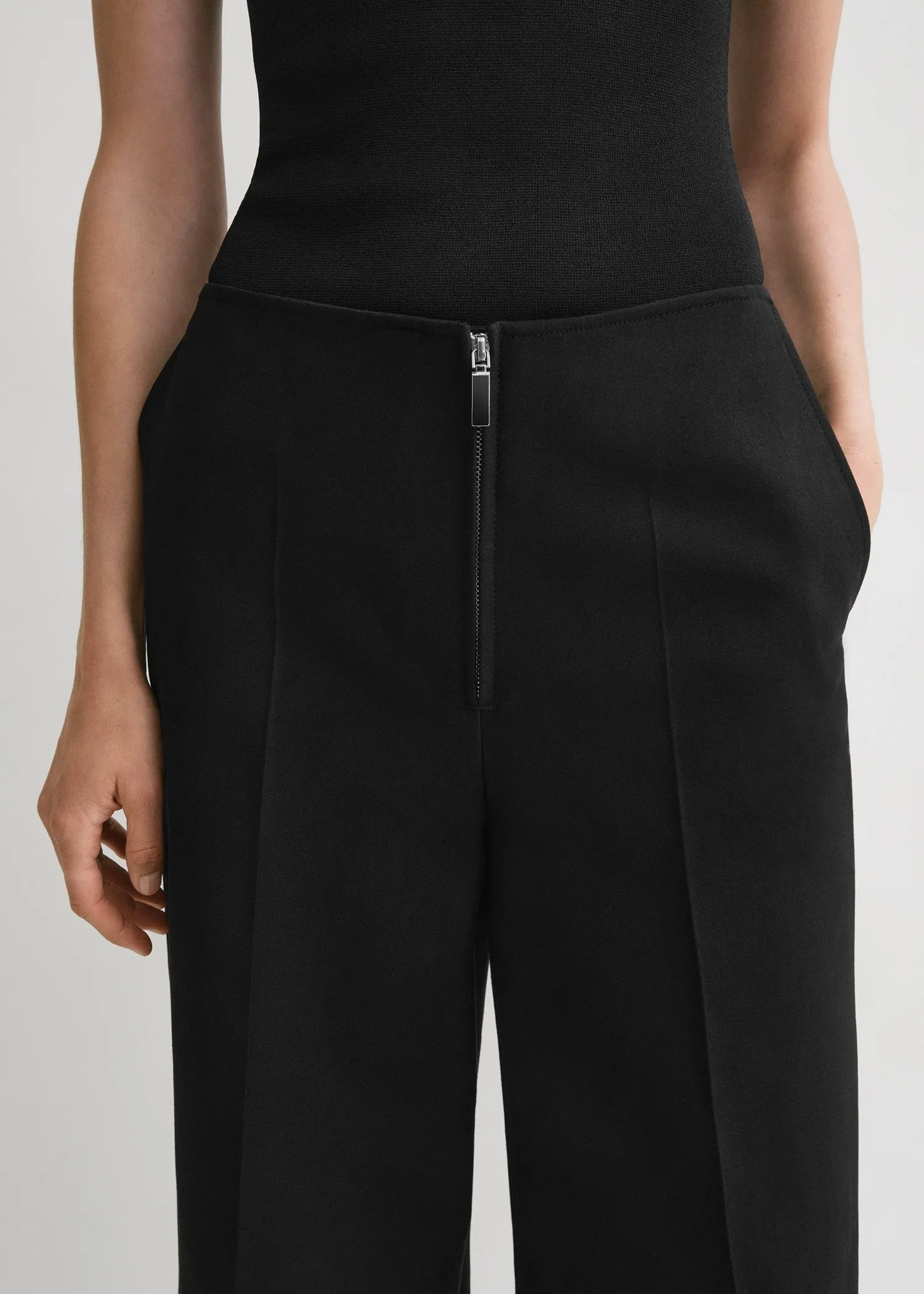 Zip-front wide trousers black